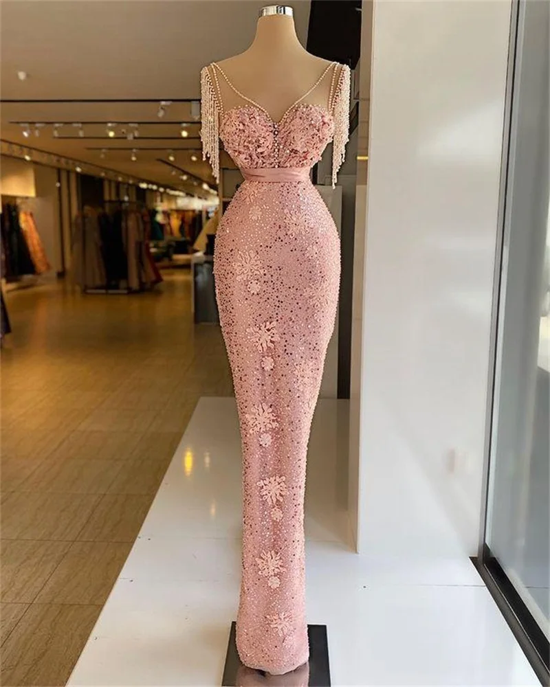 Vestidos sereia com lantejoulas e pérolas borla, decote em v, longo tapete vermelho formal, celebridade rosa