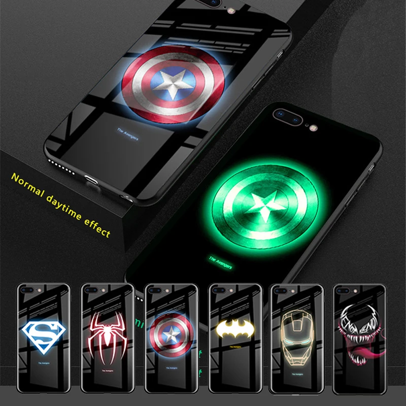 

For iPhone 11 Pro MAX XS MAX XR X Marvel Superman Venom Luxury Luminous Tempered Glass Cover for iphone 8 7 Plus 6 6s Plus