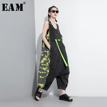 

[EAM] Loose Fit Women Black Long Deim Printed Jumpsuit New High Waist Pocket Stitch Pants Fashion Tide Spring Autumn 2020 1W915