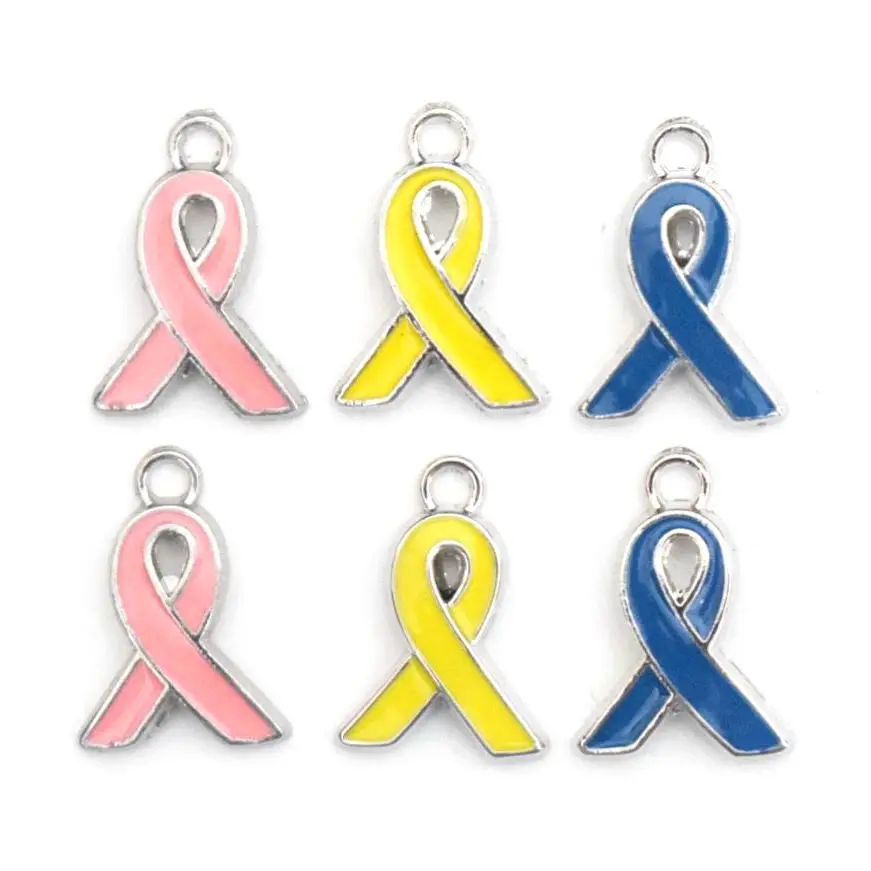 12*17mm Pink Yellow Ribbon Tie Pendant Breast Cancer Awareness Charms Enamel DIY Accessories For Handmade Women Jewelry Necklace