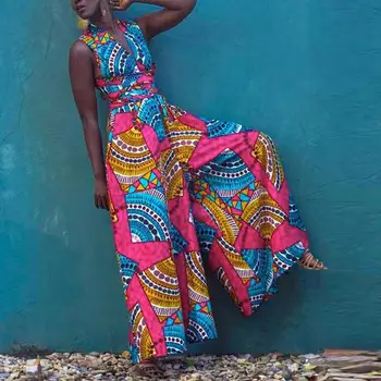 

Kureas African Clothes Women Dashiki Print Jumpsuit Multi-way National Floral Wide-legged Romper One Piece Pants Trousers Set
