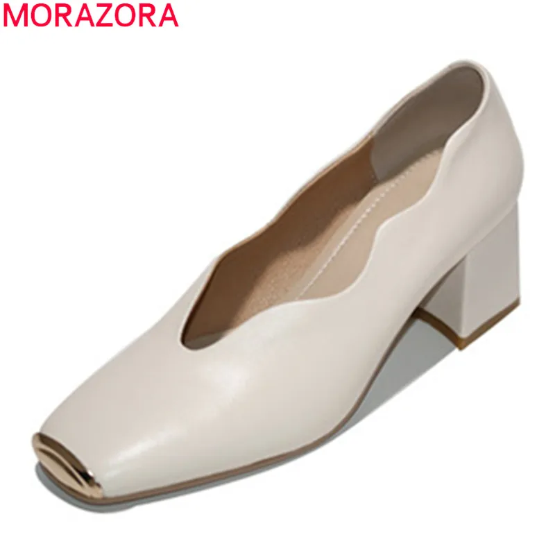 

MORAZORA 2020 New Brand genuine leather women pumps thick heels square toe ladies shoes summer shallow black party shoes