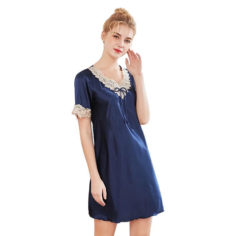 Новые женские с короткими рукавами ночная рубашка женская ночнушка искусственный шелк миниатюрная Ночная Рубашка летнее домашнее платье атласная рубашка для сна неглиже m-xl