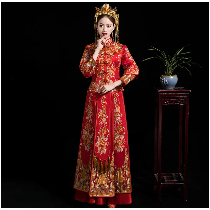 

High-quality Traditional Embroidery Women Bride Wedding Dress Satin Vintage Cheongsam Oriental Classic Vestidos китайское платье