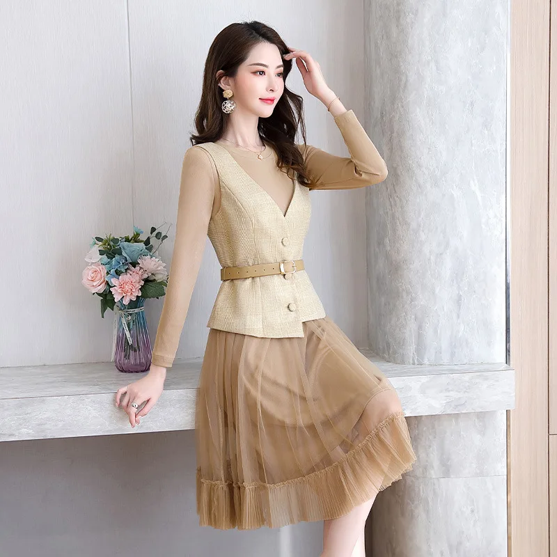 

Lace Dress Women's Mid-length 2020 Spring And Autumn New Style Graceful Ladies' Elegant Versatile Two-Piece Skirt Fashion
