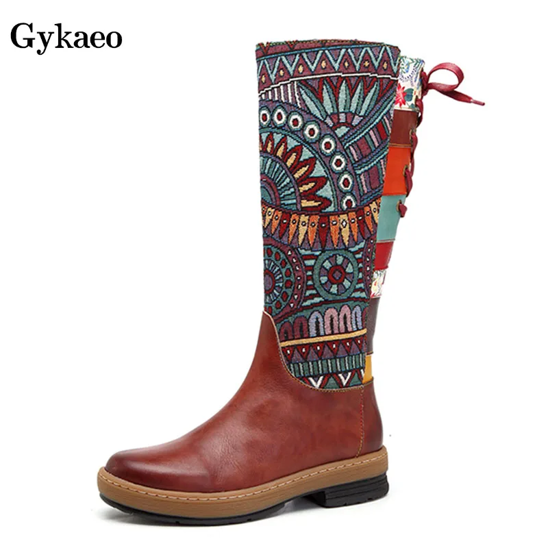 Gykaeo/Винтажные ботинки до середины икры; женская обувь; мотоботы из натуральной кожи в богемном стиле в стиле ретро; ботинки со шнуровкой сбоку и молнией сзади
