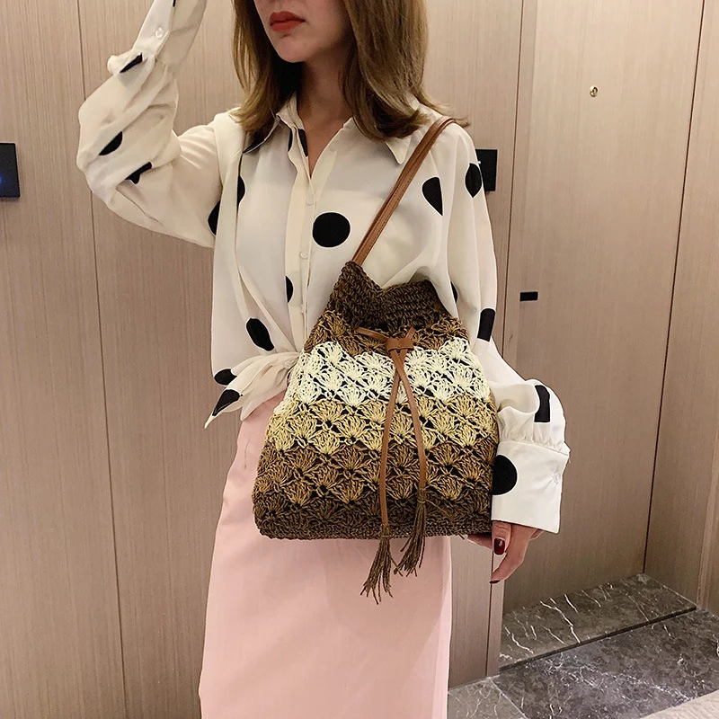 

LJL-Women Bucket String Beach Bags Summer Straw Bag Female Shoulder Bag Messenger Crossbody Bags Braided Bucket Bag