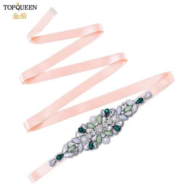 TOPQUEEN S443 Luxury Green Rhinestone Bridal Belt Beaded for Formal Evening Dresses Custom Diamond Decorative Belt Handmade baby pink ribbon