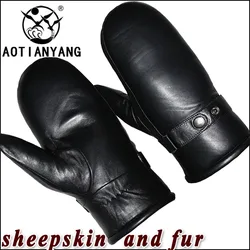 AOTIANYANG 2023 Men's Sheepskin Gloves Genuine Real Wool Leather Mittens Winter Outdoor Warmth Thickened  Sheepskin Fur Lining