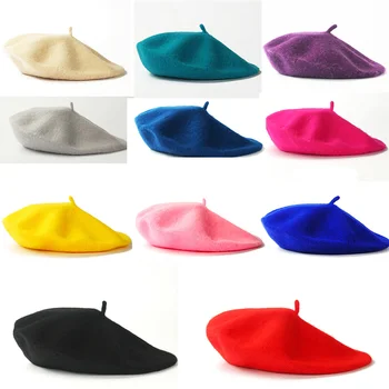

High Quality Warm Wool Plain Beret Beanie Hat French Artist Kawaii Flat Top caps Solid Color Cap Headwear For Women Girls