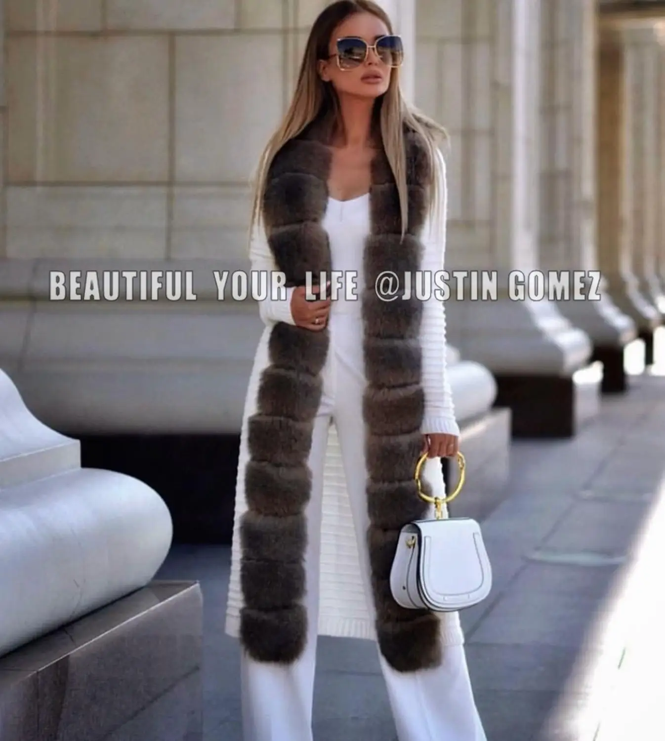 New Design High-end Fashion Chic Elegant Winter Clothes Women Warm High Quality Women Sweaters With Long Natural Fox Fur Collar - Цвет: Белый
