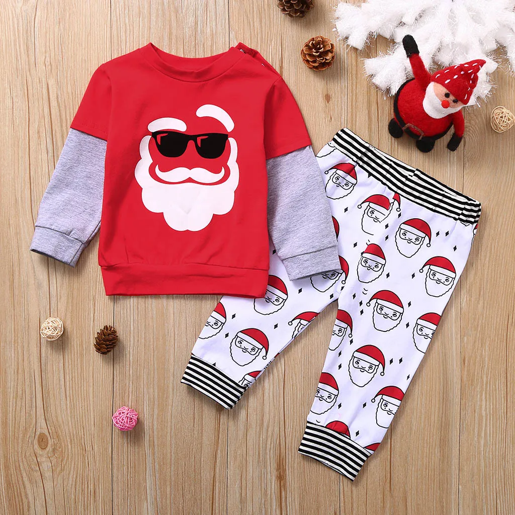 Одежда для маленьких мальчиков с рождественским Санта-Клаусом; мягкая пижама с принтом; комплект со штанами; Рождественский наряд; детская одежда для мальчиков; roupa infantil;