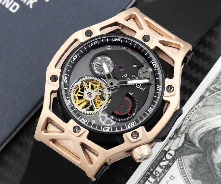 

Luxury Brand New Men Automatic Mechanical Rose Gold Black Stainless Steel Rubber Techframe 70 Years Tourbillon Chronograph Watch