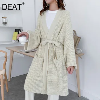 

DEAT 2020 New Autumn And Winter V-neck Full Flare Sleeves Knits Pocket High Waist Belts Cardigan Sweater 19F-a141-01