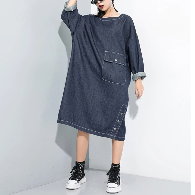 

New Fashion 2019 Summer Autumn Simple Thin Round Neck Long Sleeve Stitching Pocket button Large Size Denim Dress Women N612