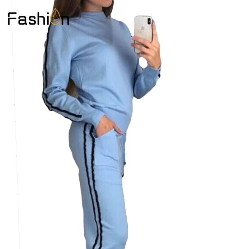 

2019 Women's Sets Stripe Sweaters Two Piece Set Top and Pants Autumn Winter Women Tracksuit Outfits Soft Knitted Suit Clothes