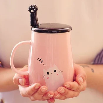 

1Pcs New 480mL Cute Cat Heat-resistant Cup Color Cartoon With Spoon Lid Cup 4 Color Kitten Milk Coffee Ceramic Mug Gift for Kids