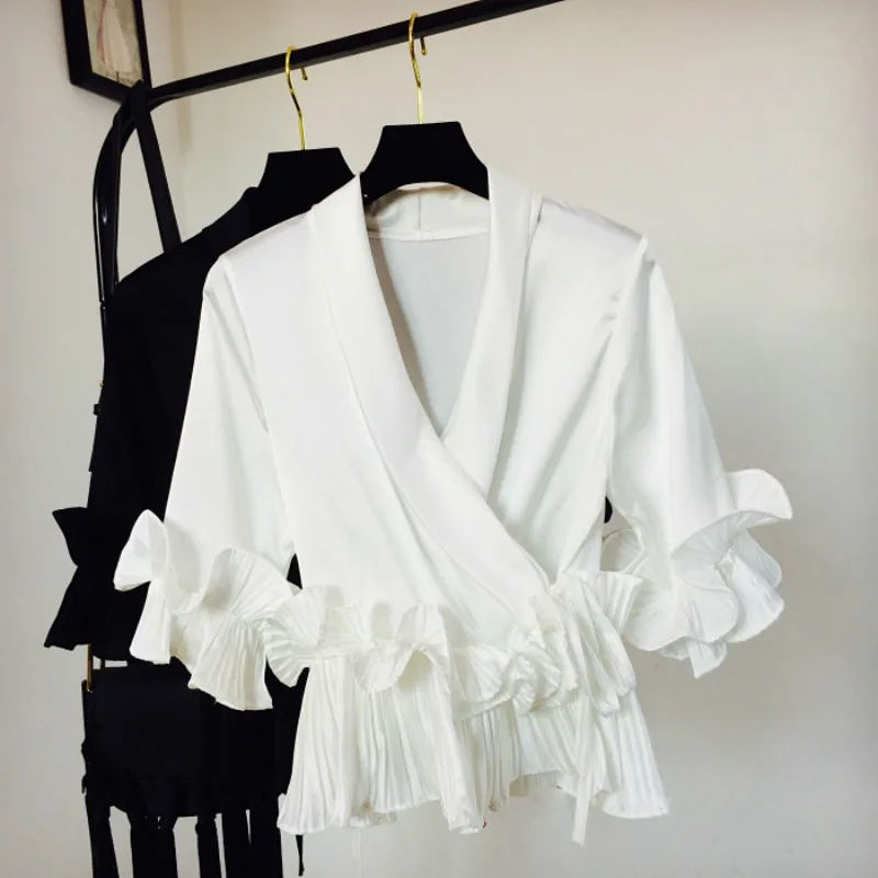 Женская шифоновая блузка с V образным вырезом и рукавом бабочкой|ruffled lace blouse|lace