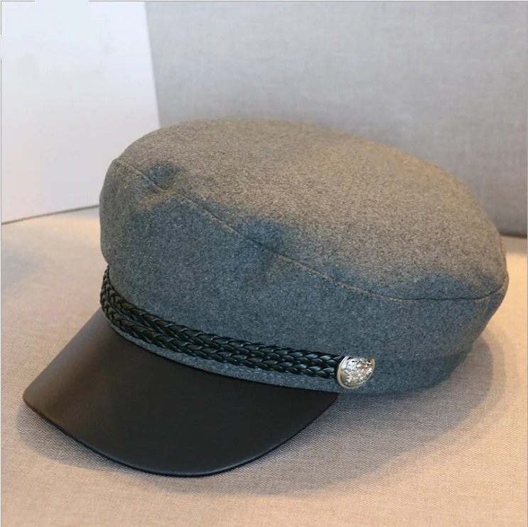 grey Модная шапка из искусственной кожи, осенне-зимняя шерстяная шляпа моряка для женщин и мужчин, черный плоский верх, шапка для путешествий, берет, Кепка Капитана - Цвет: grey