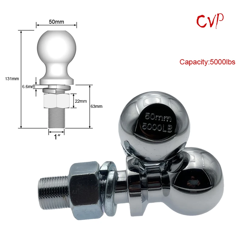 CVP Chrome Tow Ball 50mm 1" Shank dia. Trailer Hitch Towball Capacity 5000lbs RV Parts Car Camper Coupling Caravan Accessories