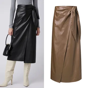 

Stylish PU Leather Skirts Women's Button Vestidos ZANZEA 2020 High Waist Split Lace-Up Midi Skirts Female Solid Robe Plus Size