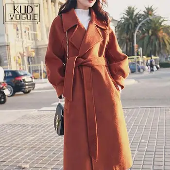 

Plus Size Loose Warm Wool Blends Long Winter Coat Turn-down Collar Adjustable Belt Wool Coats Women Office Work Wear Elegant7479