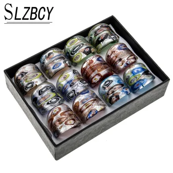 

12 pcs/lot Handmade Lampwork Glass Murano Finger Ring Sets For Men Women Geometric Statement Ring Party Jewelry Wholesale