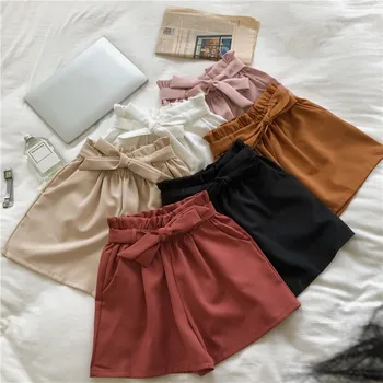 

Women's Spodenki Damskie Shorts High Waist Casual Loose Bow Tie Wide Leg Shorts Pantalones Cortos Mujer Sweet Shorts Y