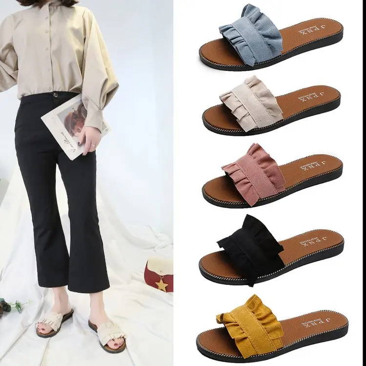 

Line-styled Sandals Women's 2019 Summer New Style Open Toe Beach Slippers Women's Flat Suede Beach WOMEN'S Slippers