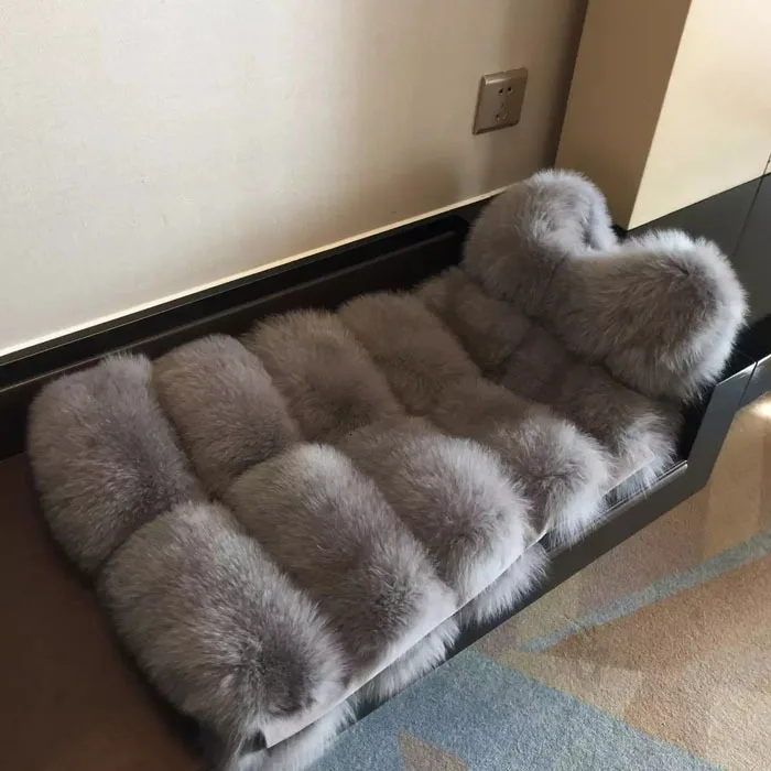 Кожаное меховое женское длинное пальто из лисьего меха - Цвет: light gray