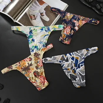 

Men's briefs ice silk thong soft breathable sexy printed underwear summer