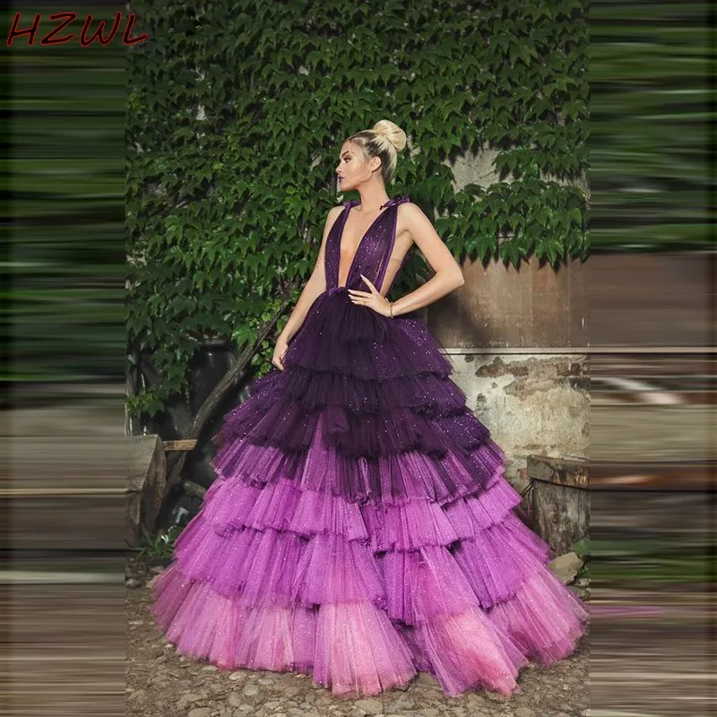 

Contrast Color Shiny Evening Gowns Purple Grape Long Prom Dresses With Deep V Neck Chic Backless Cutaway Sides Party vestido