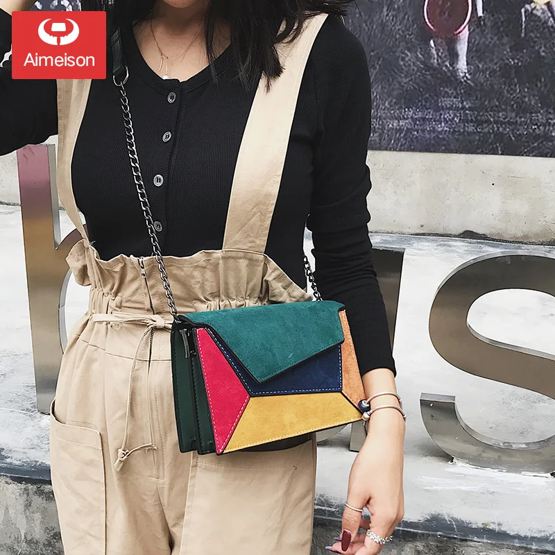 

Stitching contrast color fashion shoulder bag 2019 popular texture matte chain bag crossbody bag wild ins women handbags