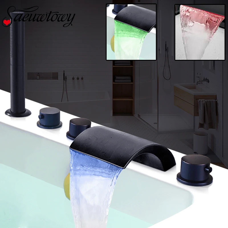 

Black Bronze Led Waterfall Spout 5 Sets Of Bathtub Faucet Bronze Tap Bathroom Faucet Shower Faucet Hand Spray Hot And Cold Water