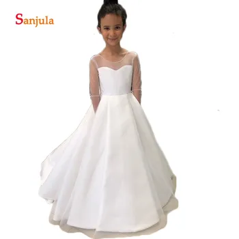 

Sheer Tulle Long Sleeve Little Flower Girls Dresses Scoop A-Line White/Ivory First Communion Dress Backless D1220