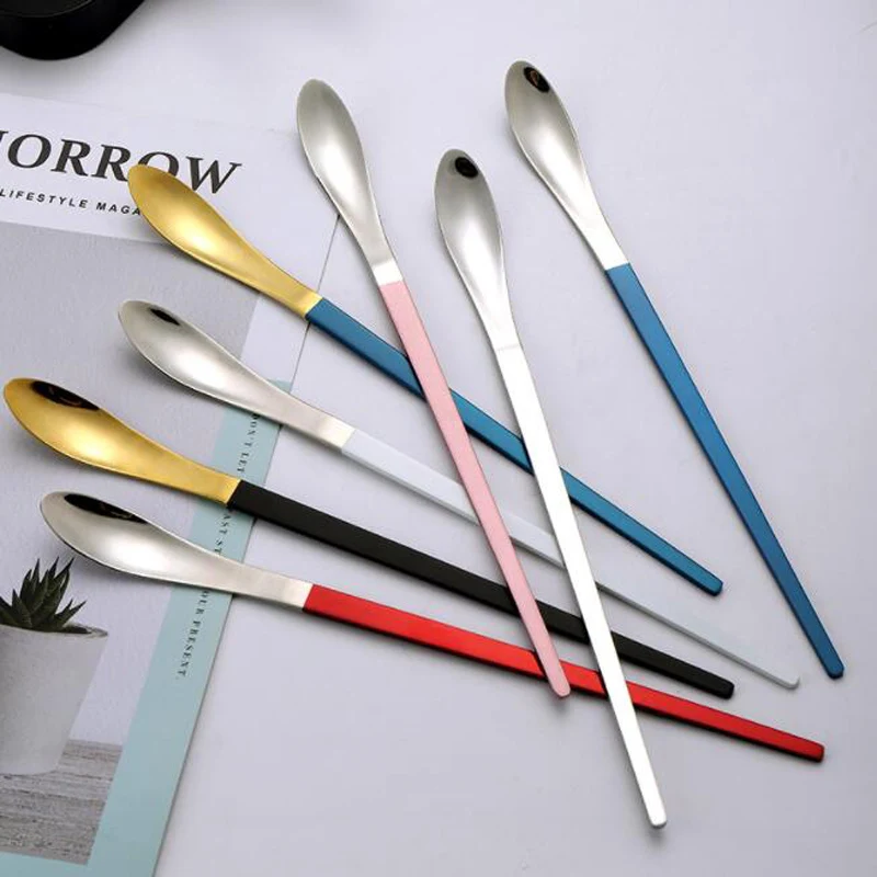 100pcs Color Coffee Tea Stir Spoon Long Handle Ice Cream Dessert Spoons