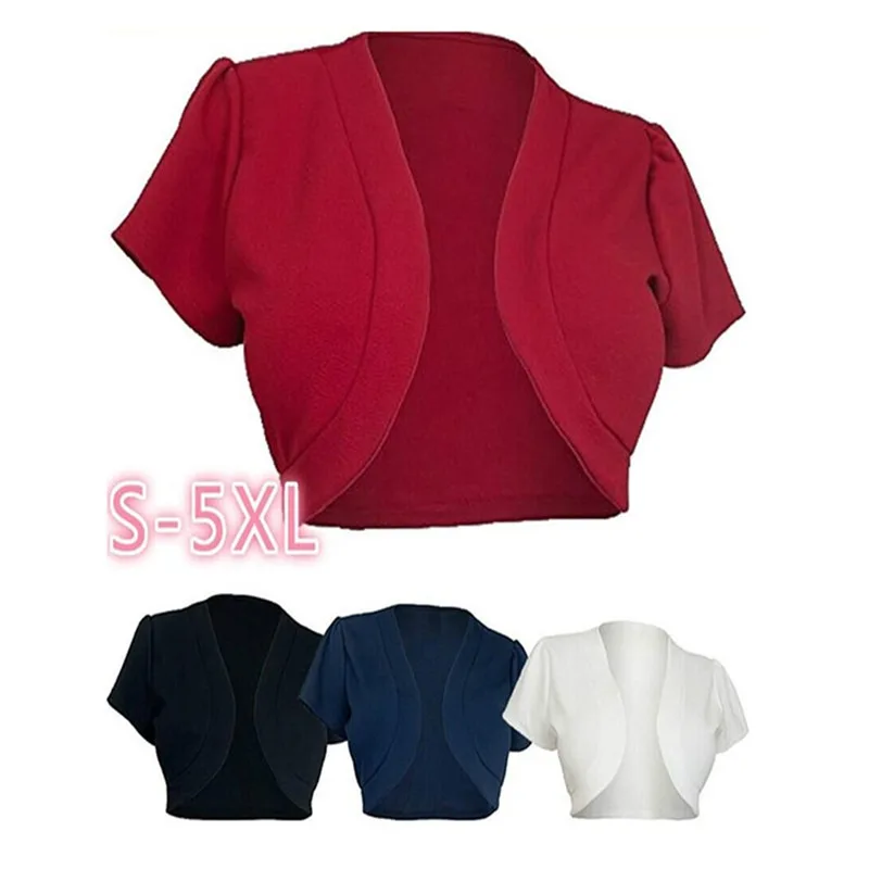 

5XL Short Sleeve Cropped Jacket Women Short Bolero Shrug Open Stitch Jacekt Cardigans Lady Slim Outerwear Coats