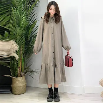 

Korea Plus Size Personality Elegant Dress Women Clothes 2020 Fashion New Peter Pan Collar Full Sleeve Slim Pleated Dress DMY2967