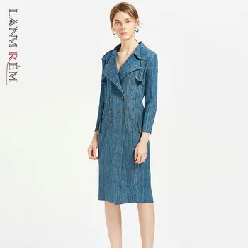 

LANMREM denim Printing Loose high quality notched collar Double breasted pleated dresses with pokcets Woman clothes YH79505