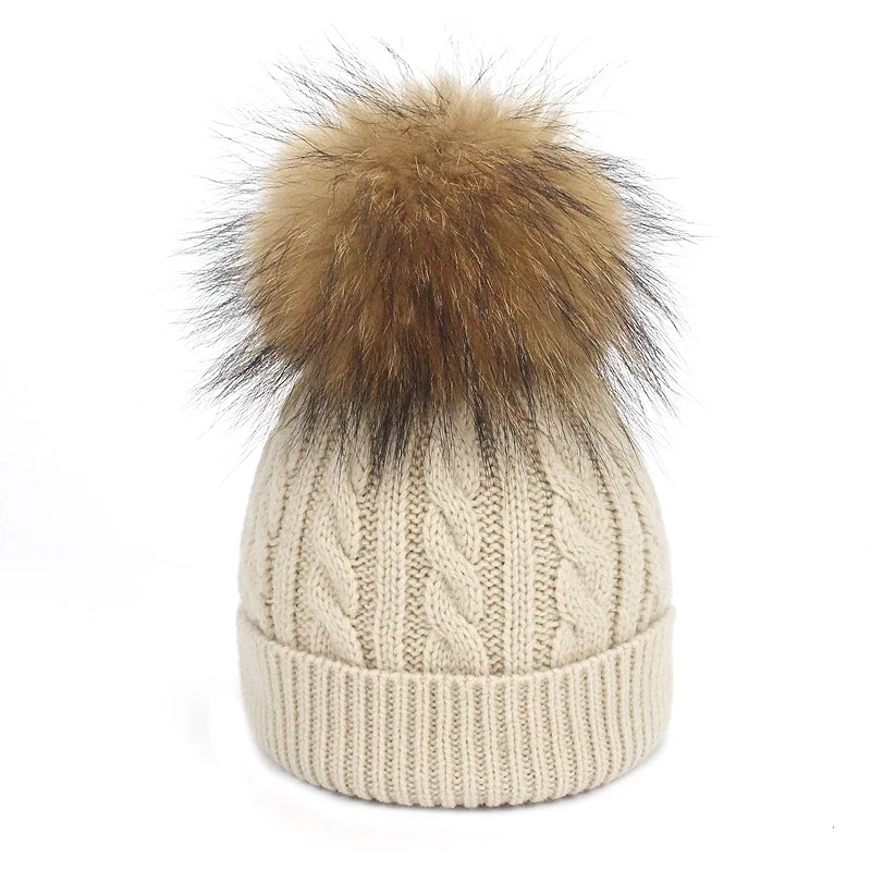 Детские шапочки, шапки s Skullie, помпоны, меховые вязаные шапки, шапки на осень-зиму, головные уборы, Балаклава, маска для лица из натурального енота - Цвет: Beige