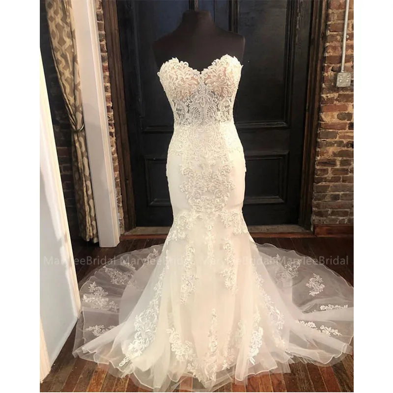 Vestido de noiva Русалка Свадебные платья Телесный бюстгальтер вырез сердечком платья для невесты Аппликации vestido de noiva sereia Часовня Поезд