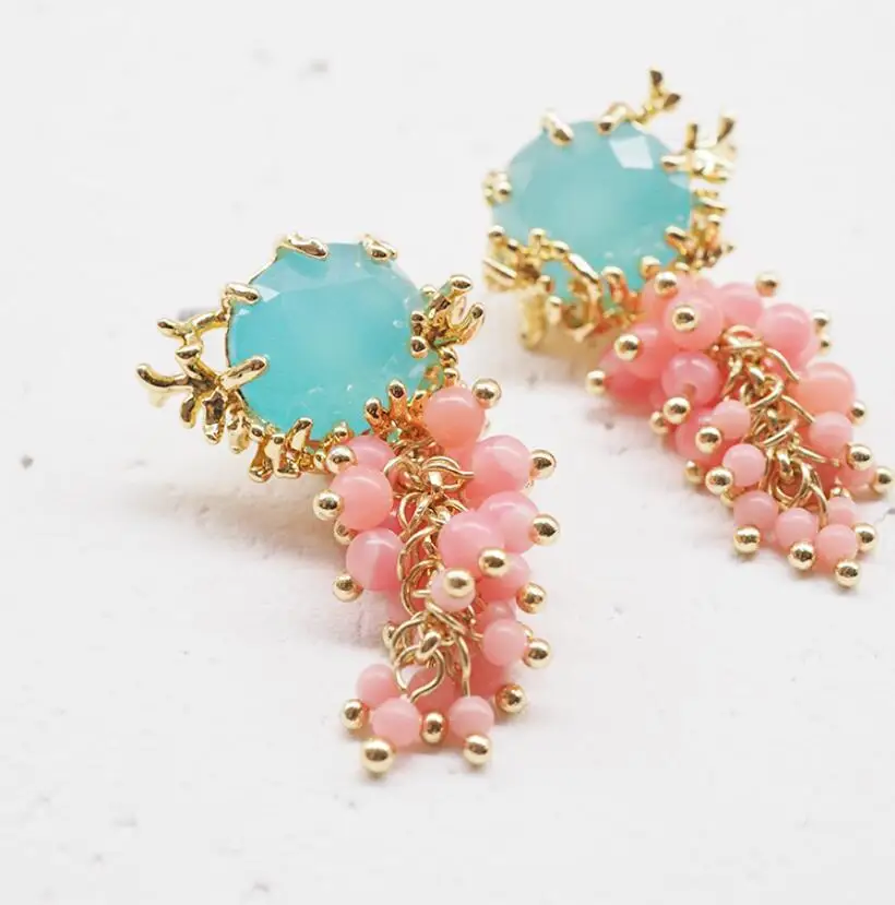 

Handmade Designer Autumn Secret Garden gem Coral Tassel Earrings ear clip