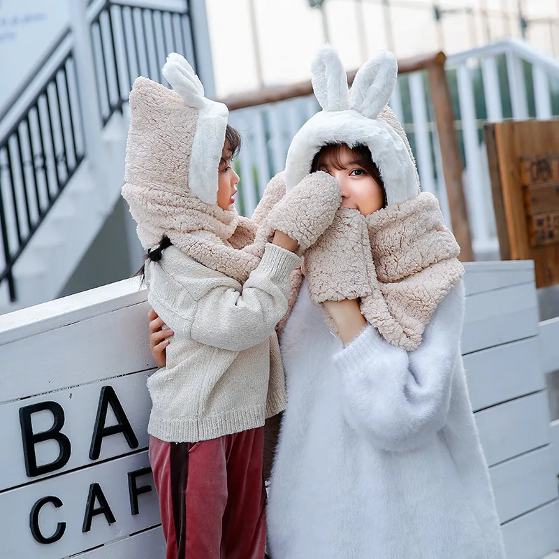 Родитель-ребенок Kawaii шапка с заячьими ушами шарф перчатки для женщин дети зима толстые теплые меховые шапки милые мамы детей уличные снежные шапки