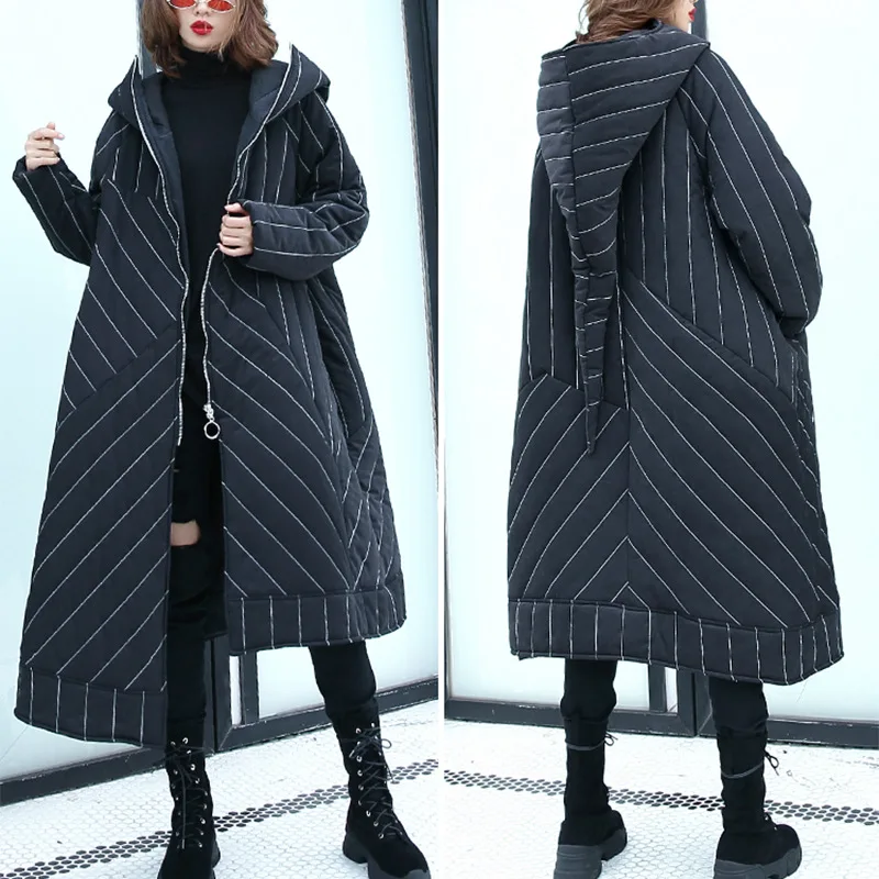 

2019 New Cotton-padded Coat Women Loose Oversize Parka Fashion Winter Hooded Irregular Long Warm Overcoat Striped Winter Jacket