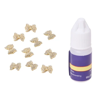 

1Pcs 3G Professional Nail Glue & 10Pcs Bow Tie Alloy 3D Rhinestone Nail Art Tips Slice Decoration