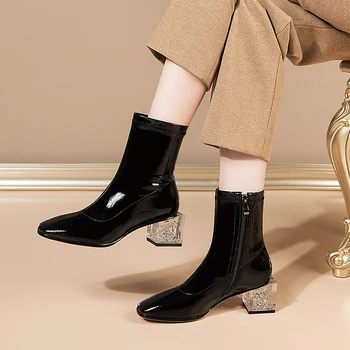 

Classic Office Women Ankle Boots Autumn Winter Square High Heeled Chelsea Boots Genuine Leather Back Zipper Shoes Woman