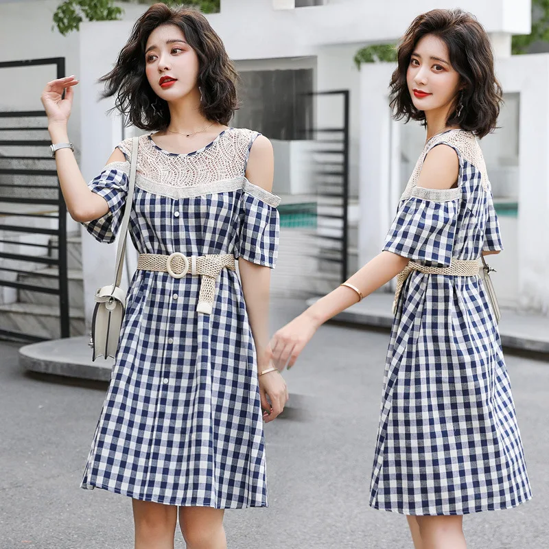 

2019 Summer New Style off-Shoulder Dress Women's Loose And Plus-sized Lace Joint Mid-length Plaid A- line Skirt Tops