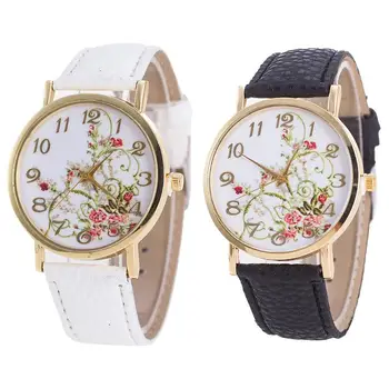 

Solid Color Faux Leather Band Round Rose Printed Dial Analog Women Wrist Watch Ladies Dress Watches Gift Luxury