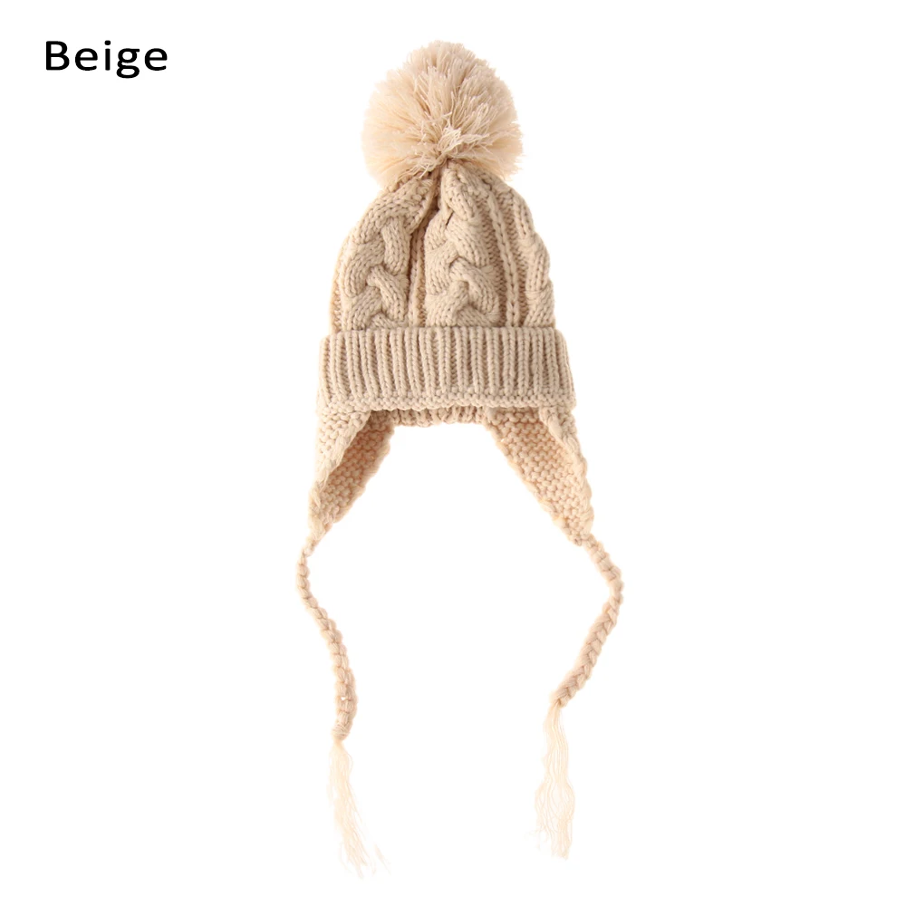 beige Зимняя теплая шапка для детей, для мальчиков и девочек, шапка с помпоном, детская теплая вязаная шапка, шапка для новорожденного, шапка, модные милые наушники для младенцев - Цвет: beige