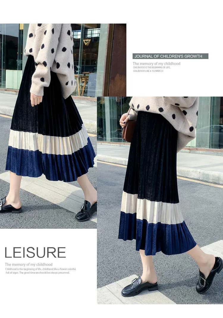 TOTNWANG Winter Vintage Velour Midi Skirt Women Casual Elastic High Waist Pleated Skirts Solid Patchwork Color Block Skirt Femme